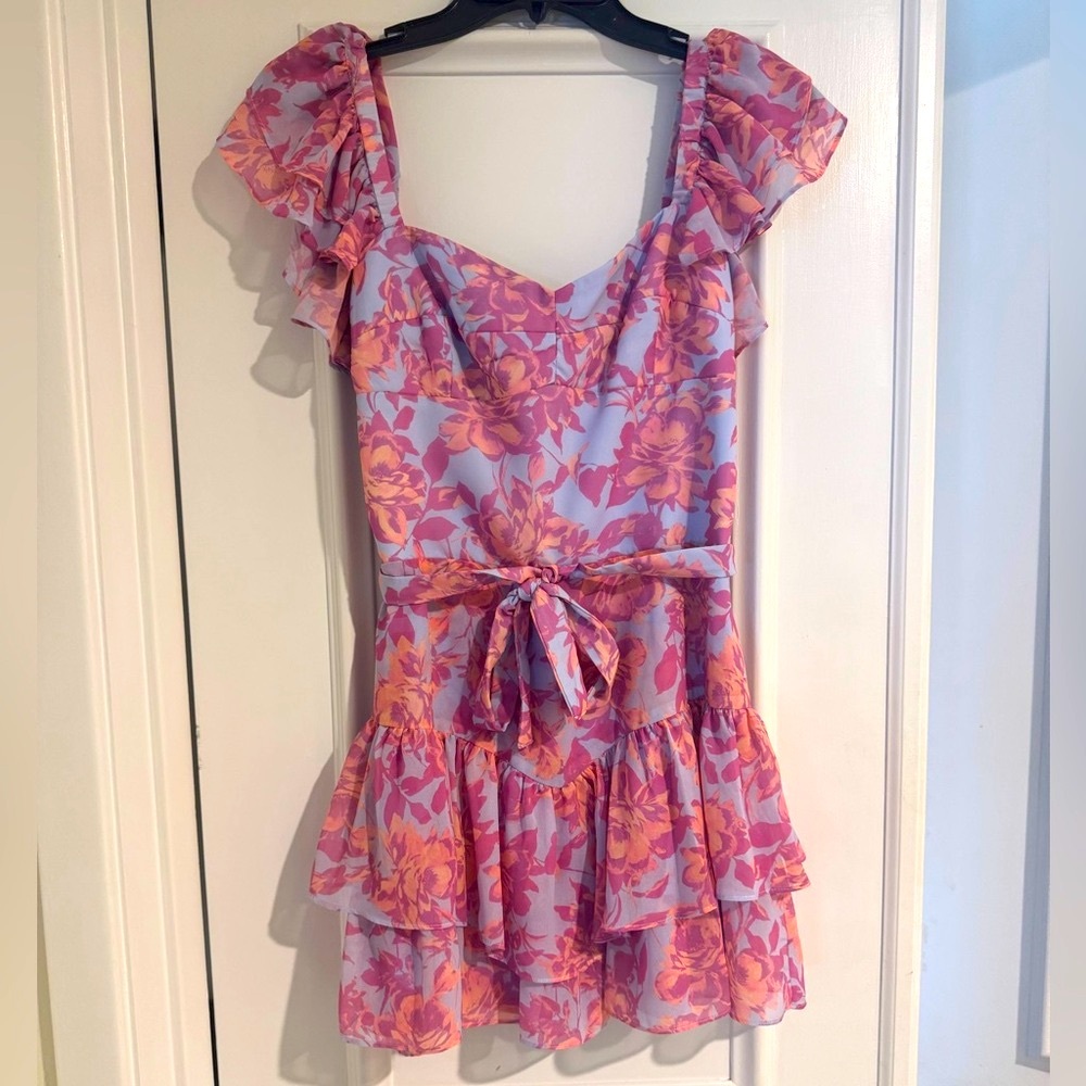 Amanda Uprichard Floral Ruffle Sleeve Tiered Women’s Mini Dress
